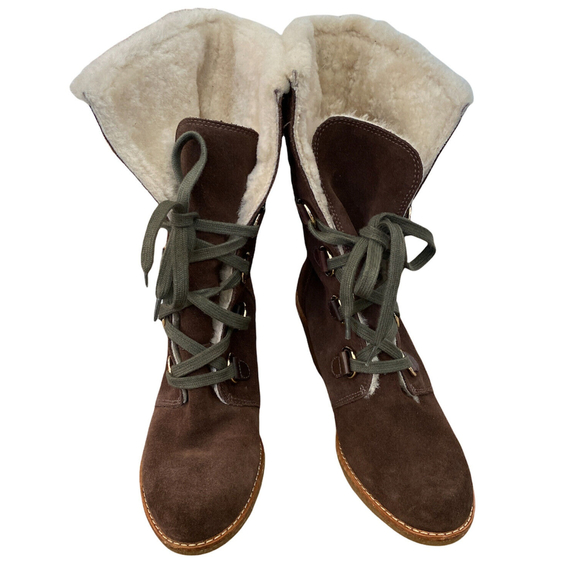 Cole Haan Boots Brown Suede Shearling Lace Up Wedge Heel 7.5 - Picture 2 of 9